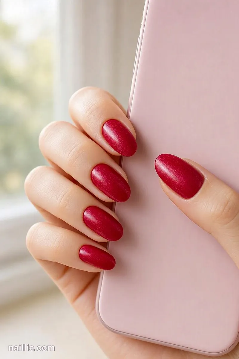 Close-up of almond nails with cherry red polish and a soft velvet shimmer