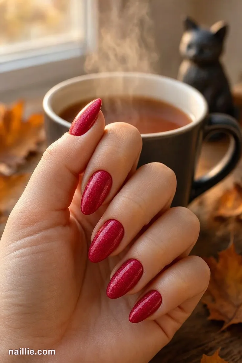 Close-up of almond nails with cherry red polish and a soft velvet shimmer
