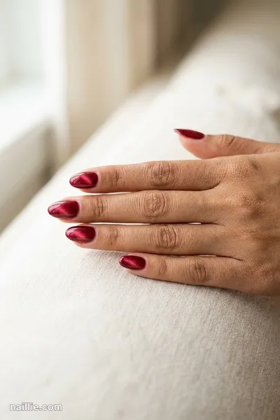 Close-up of short almond nails with cherry red polish and a soft velvet shimmer — look 2
