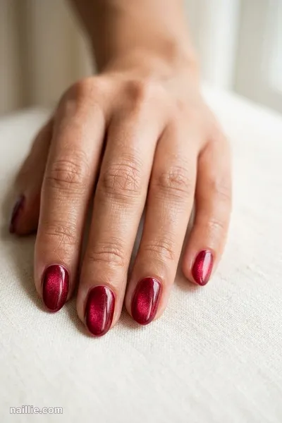 Close-up of short almond nails with cherry red polish and a soft velvet shimmer — look 3