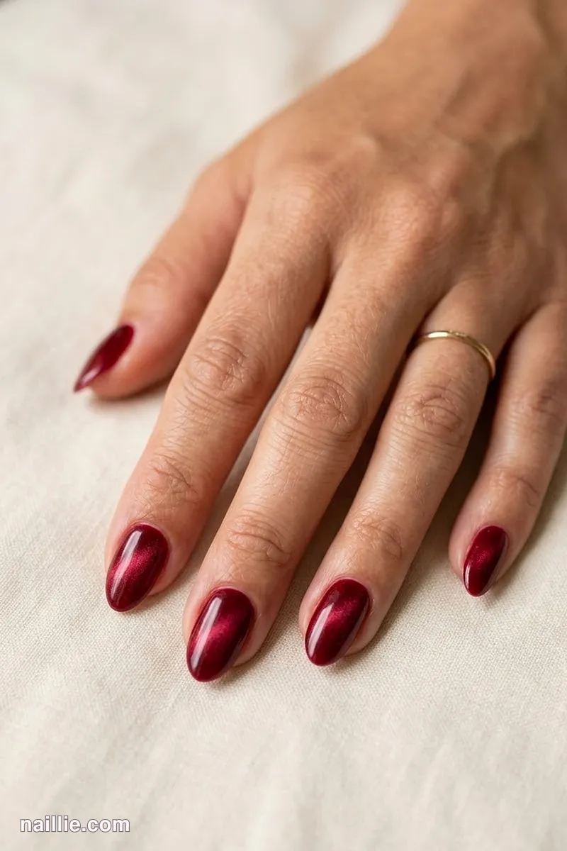 Close-up of short almond nails with cherry red polish and a soft velvet shimmer