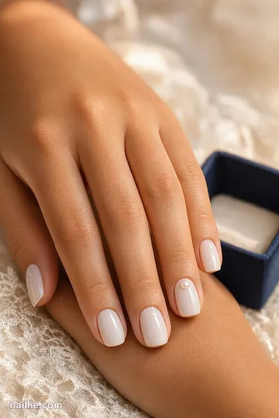 Close-up of short milky white glossy nails on ivory lace next to a ring box — look 2