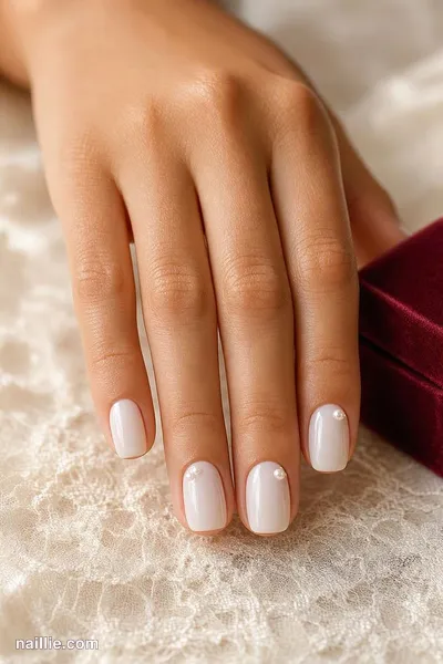 Close-up of short milky white glossy nails on ivory lace next to a ring box — look 3