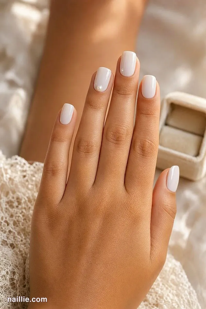 Close-up of short milky white glossy nails on ivory lace next to a ring box