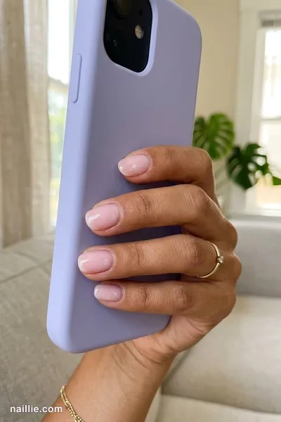 Close-up of oval nails with a sheer pink glossy finish