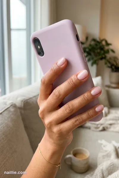 Close-up of oval nails with a sheer pink glossy finish — look 3
