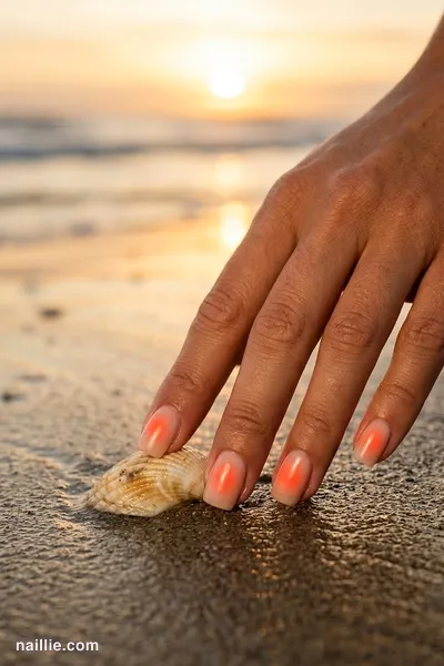 Close-up of short square nails with a glowing coral aura in the center