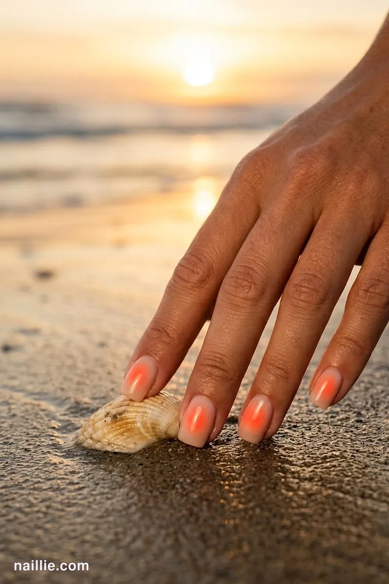 Close-up of short square nails with a glowing coral aura in the center
