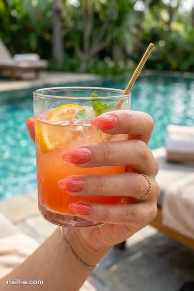 Close-up of almond nails with coral polish and a glossy see-through jelly finish — look 2
