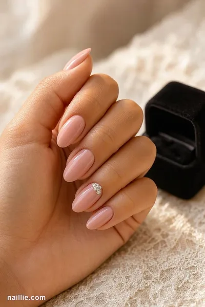 Close-up of almond nails with a few sparkling crystals