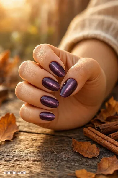 Close-up of almond nails with deep plum polish and a shimmering magnetic cat eye effect
