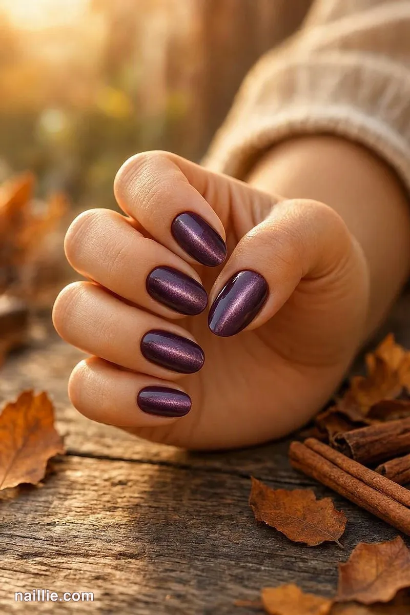 Close-up of almond nails with deep plum polish and a shimmering magnetic cat eye effect