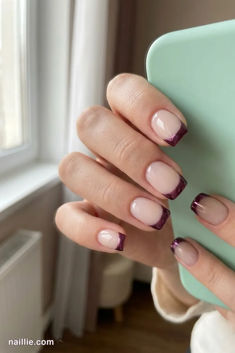 Close-up of short square nails with deep plum chrome French tips