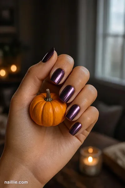 Close-up of short square nails with deep plum polish and a mirror-like chrome finish — look 2