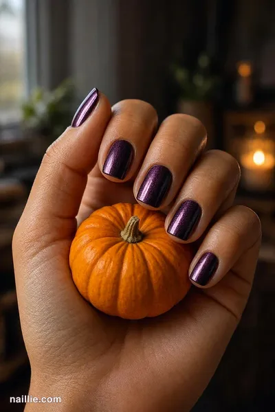Close-up of short square nails with deep plum polish and a mirror-like chrome finish — look 3