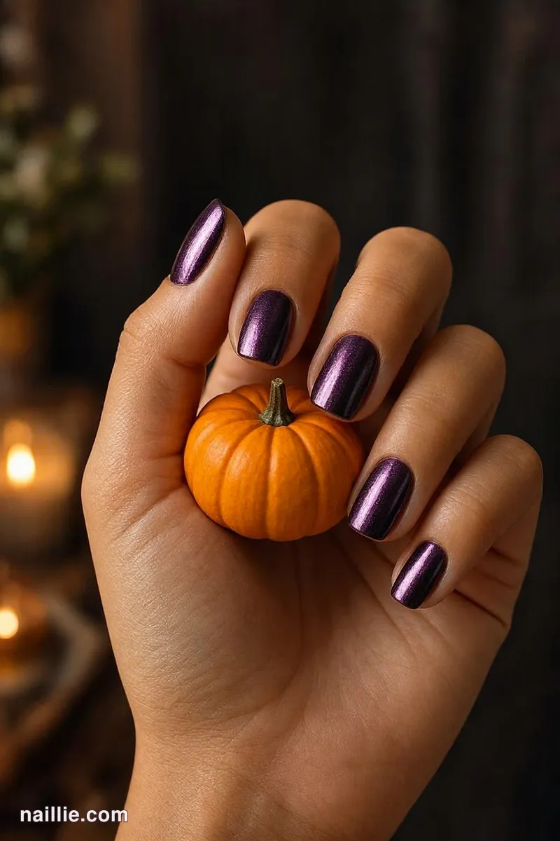 Close-up of short square nails with deep plum polish and a mirror-like chrome finish