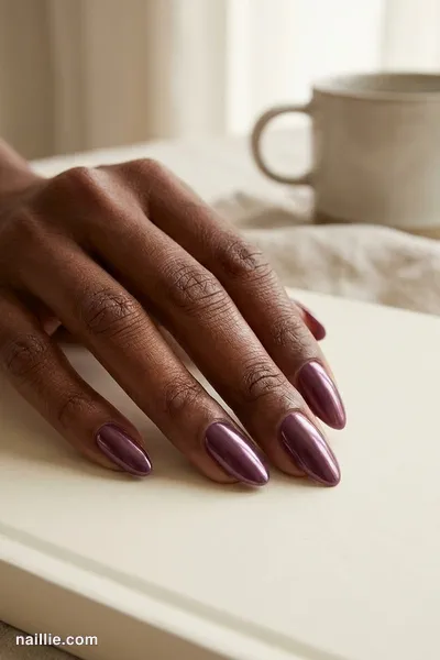 Close-up of almond nails with deep plum polish and a pearly glazed-donut shimmer — look 3