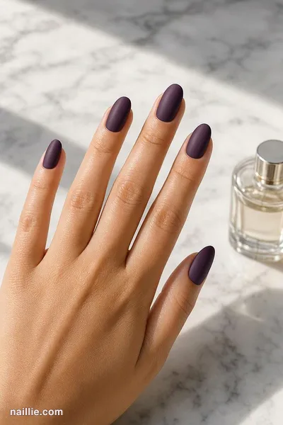 Close-up of almond nails with deep plum polish and a soft matte top coat — look 3