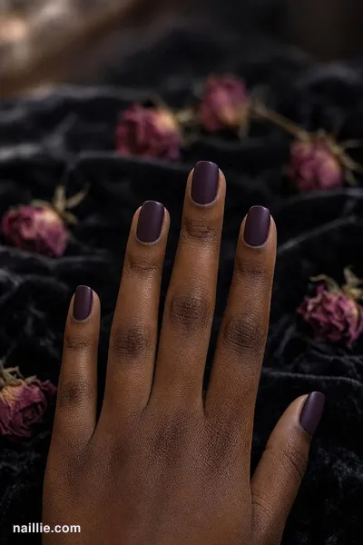 Close-up of short square nails with deep plum polish and a soft matte top coat