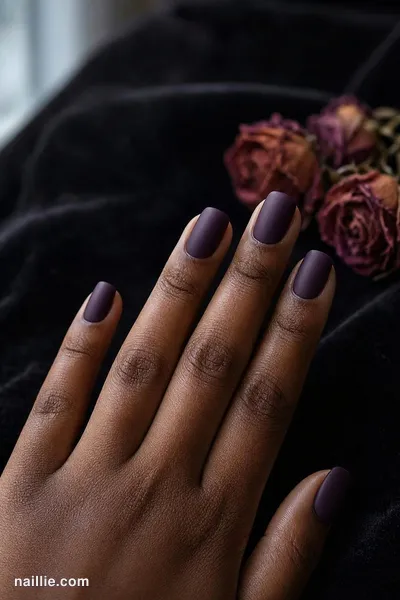 Close-up of short square nails with deep plum polish and a soft matte top coat — look 2