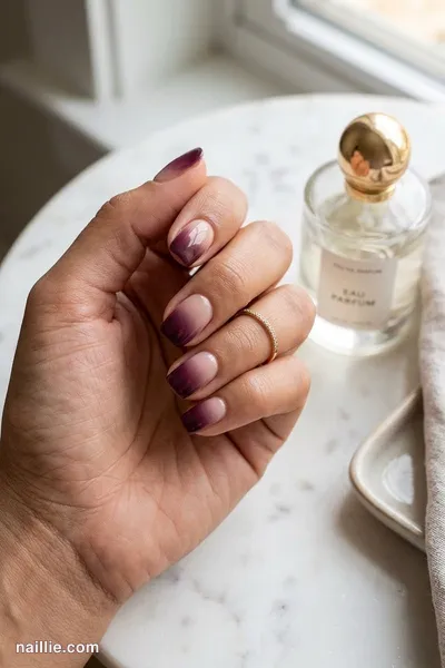 Close-up of squoval nails with a deep plum ombre fading into nude