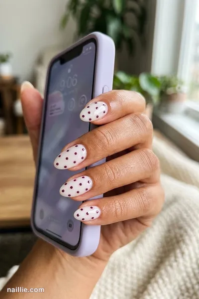 Close-up of almond nails with playful deep plum polka dots — look 2