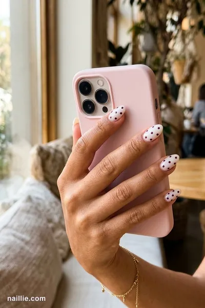 Close-up of almond nails with playful deep plum polka dots — look 3