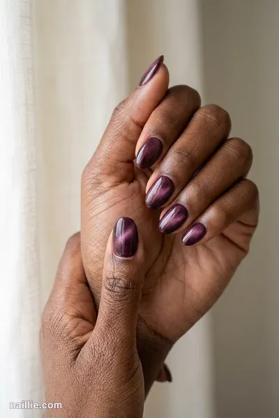 Close-up of short almond nails with deep plum polish and a soft velvet shimmer