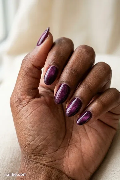 Close-up of short almond nails with deep plum polish and a soft velvet shimmer — look 2