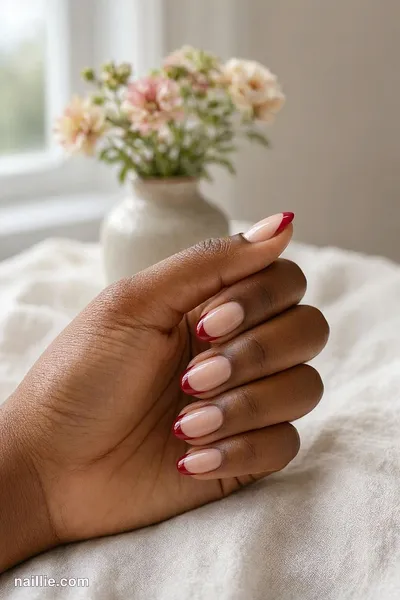 Close-up of almond nails with thin deep red French tips over a sheer nude base