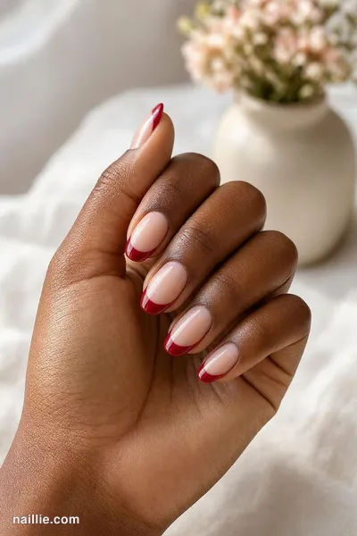 Close-up of almond nails with thin deep red French tips over a sheer nude base — look 2