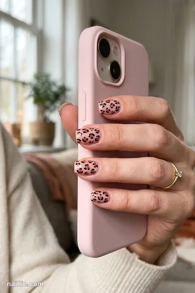 Close-up of short square nails with brown leopard spots on a dusty rose base