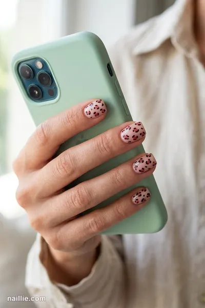 Close-up of short square nails with brown leopard spots on a dusty rose base — look 2
