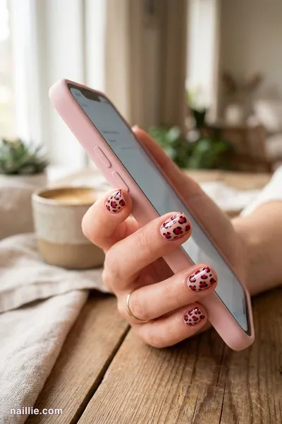 Close-up of short square nails with brown leopard spots on a dusty rose base — look 3