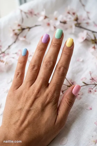 Close-up of short square nails with a different pastel on every nail