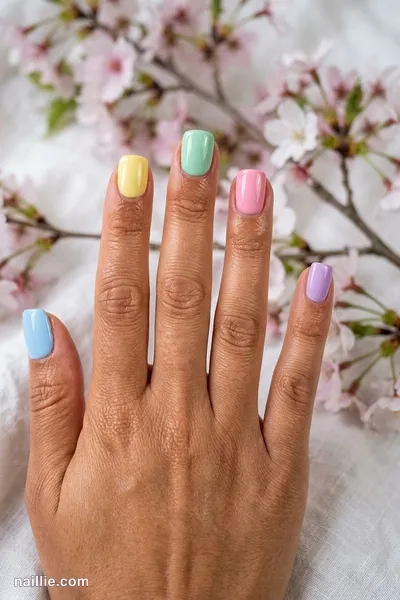 Close-up of short square nails with a different pastel on every nail — look 2