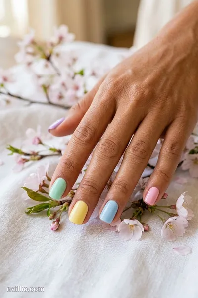 Close-up of short square nails with a different pastel on every nail — look 3