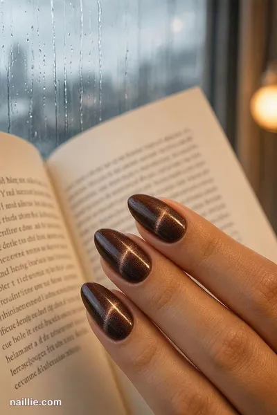 Close-up of almond nails with espresso brown polish and a shimmering magnetic cat eye effect