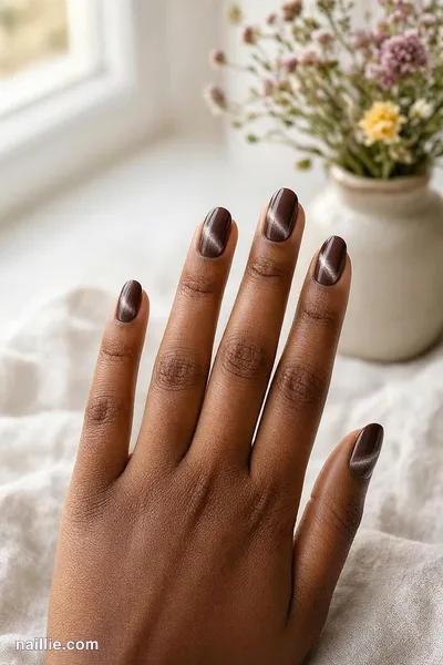 Close-up of short almond nails with espresso brown polish and a shimmering magnetic cat eye effect