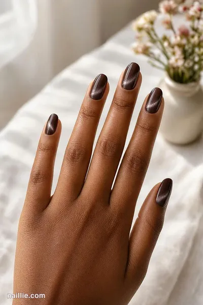 Close-up of short almond nails with espresso brown polish and a shimmering magnetic cat eye effect — look 2