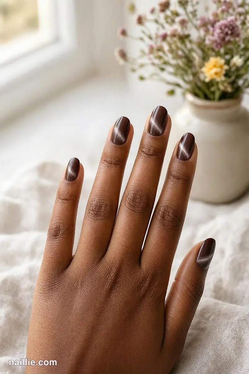 Close-up of short almond nails with espresso brown polish and a shimmering magnetic cat eye effect