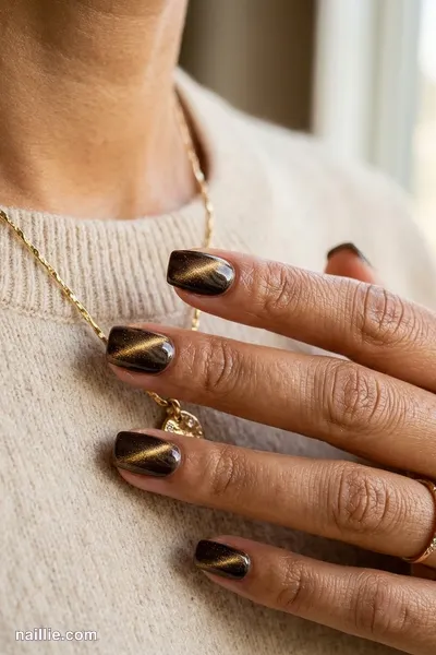Close-up of squoval nails with espresso brown polish and a shimmering magnetic cat eye effect