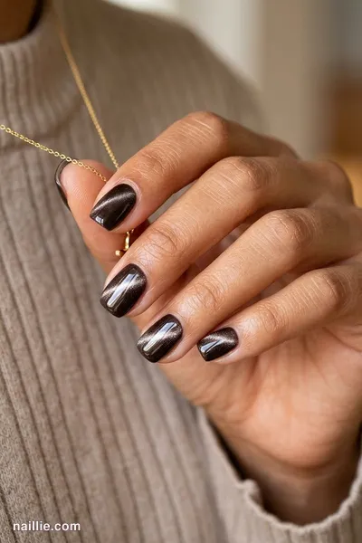 Close-up of squoval nails with espresso brown polish and a shimmering magnetic cat eye effect — look 2