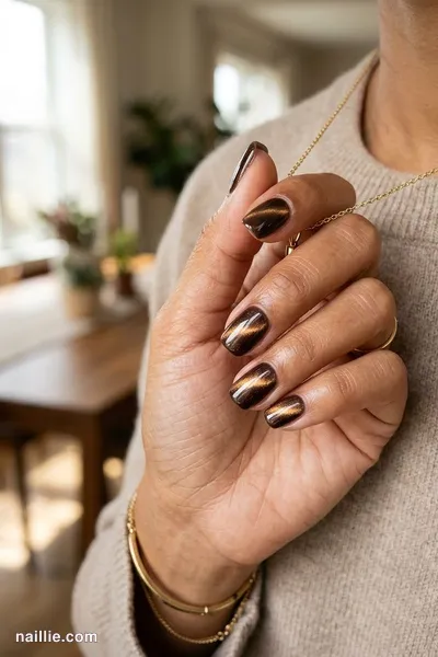 Close-up of squoval nails with espresso brown polish and a shimmering magnetic cat eye effect — look 3