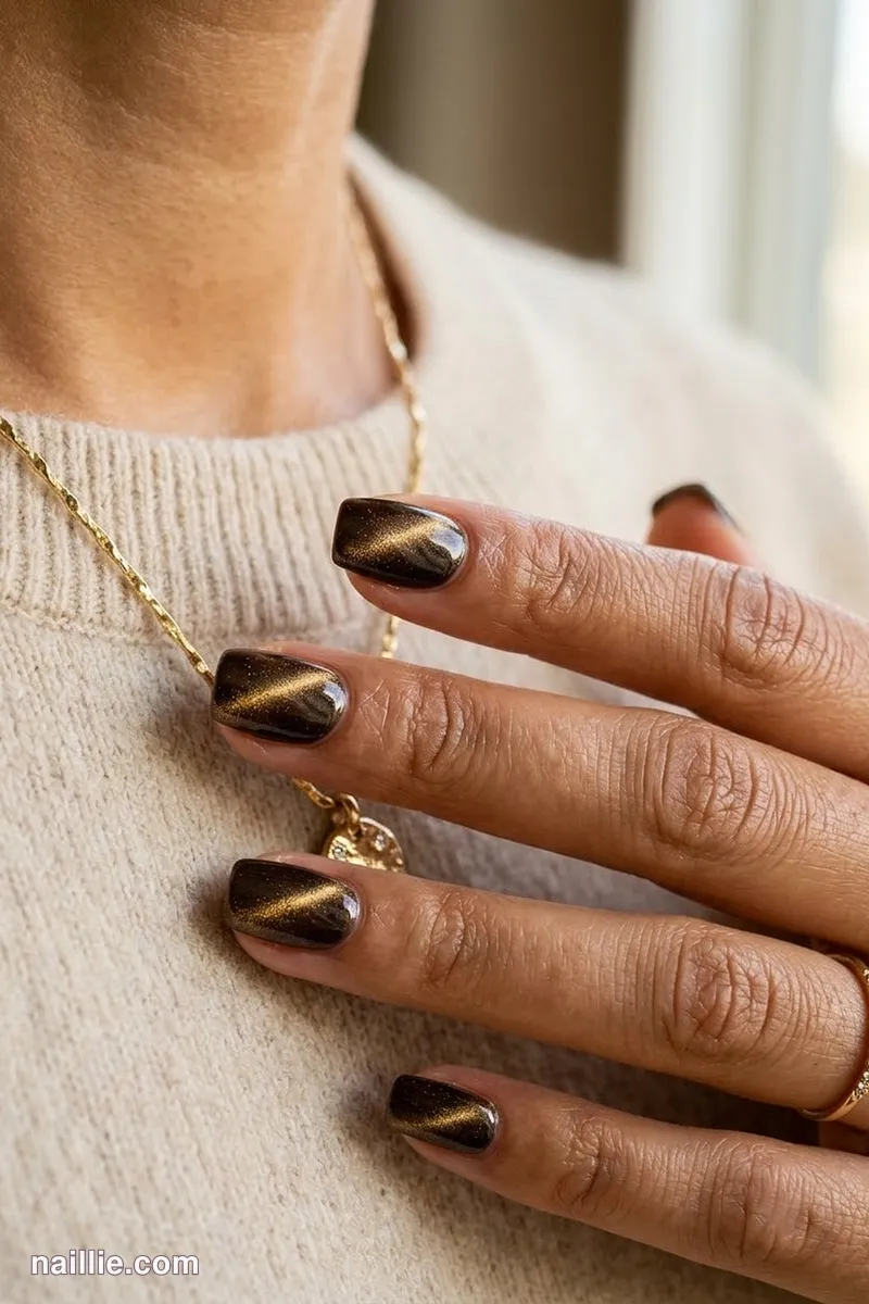 Close-up of squoval nails with espresso brown polish and a shimmering magnetic cat eye effect