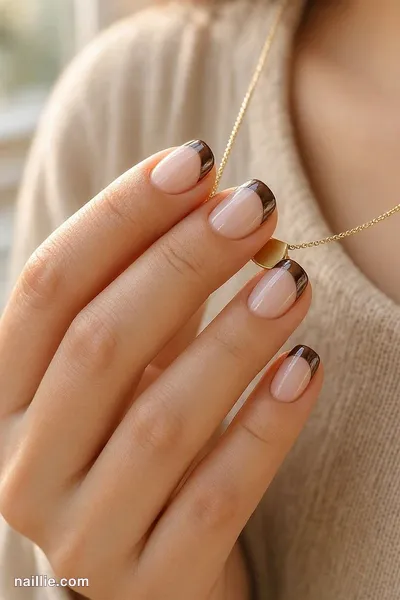Close-up of short square nails with espresso brown chrome French tips