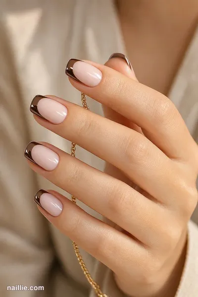 Close-up of short square nails with espresso brown chrome French tips — look 2
