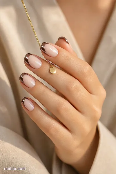 Close-up of short square nails with espresso brown chrome French tips — look 3