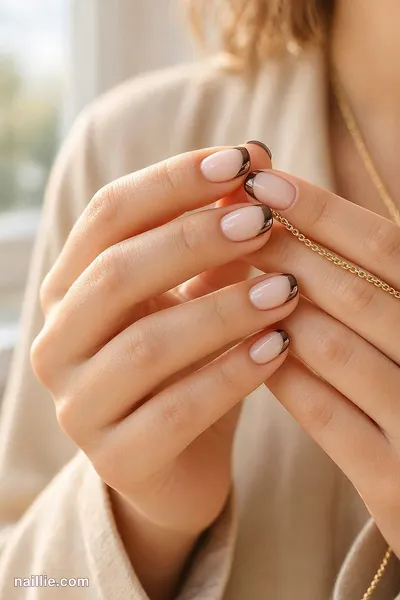 Close-up of short square nails with espresso brown chrome French tips — look 4