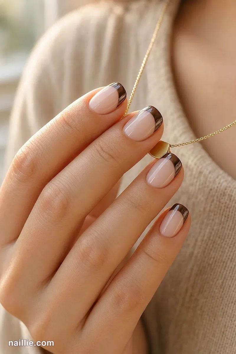 Close-up of short square nails with espresso brown chrome French tips